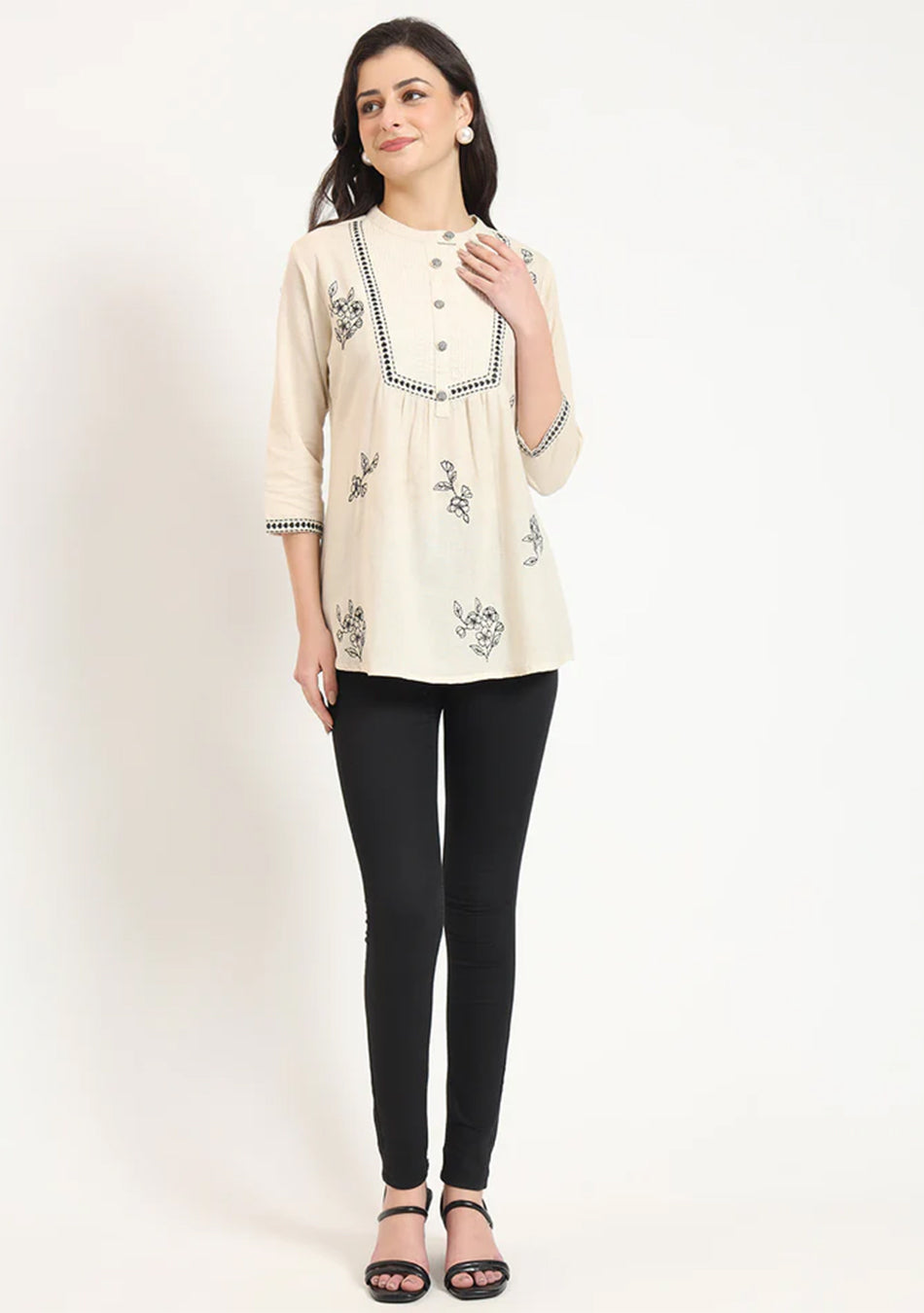 Off White Cotton Round Neck Embroidery Top