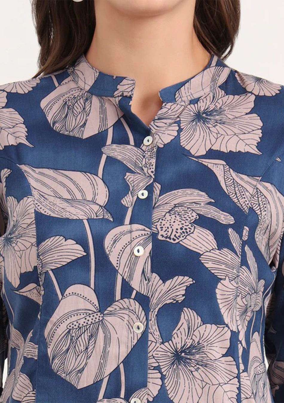Navy Blue Rayon Rollup Sleeves A-Line Top