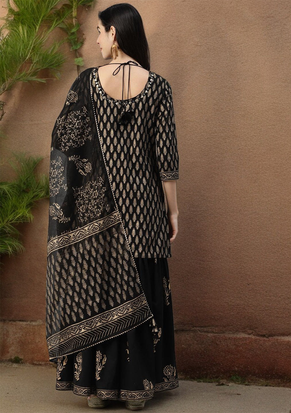 Black Cotton Kurta Sharara Set with Gold Print and Dupatta