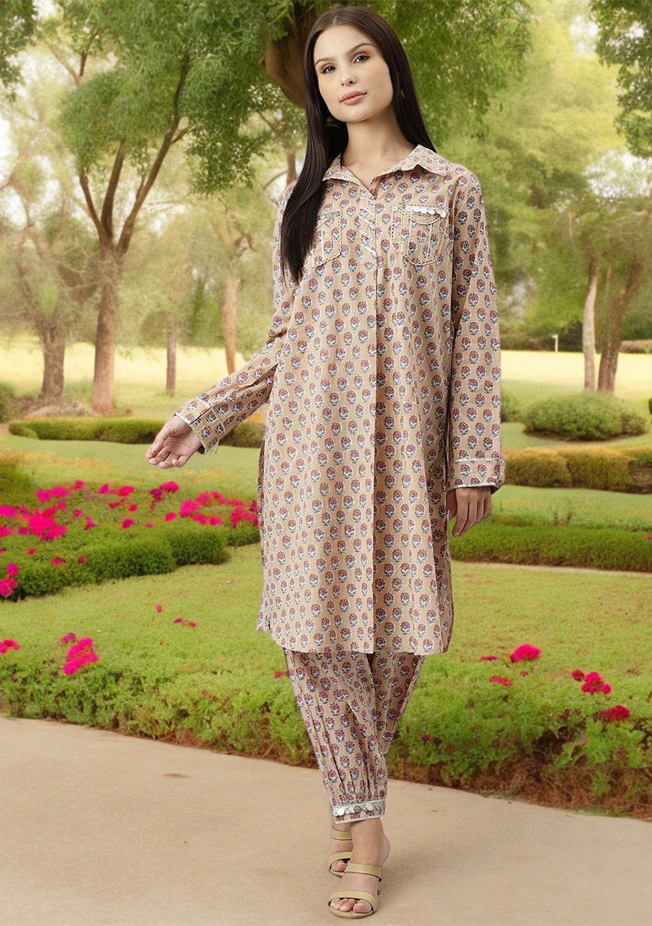 Beige Cotton Shirt Style Kurta Hem Cuffed Pant Co-ord Set