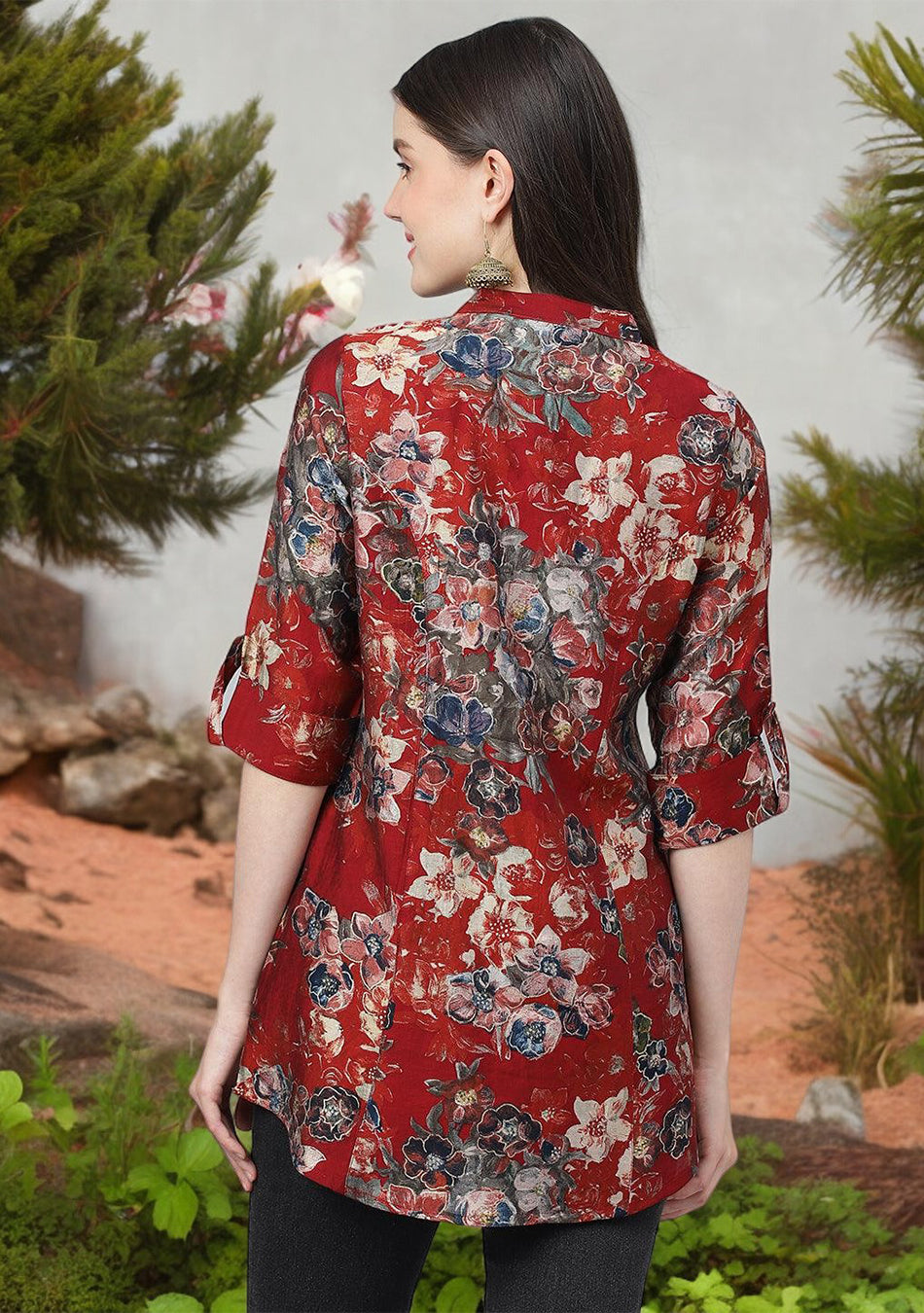 Maroon Floral Printed Modal A-Line Shirts Style Top