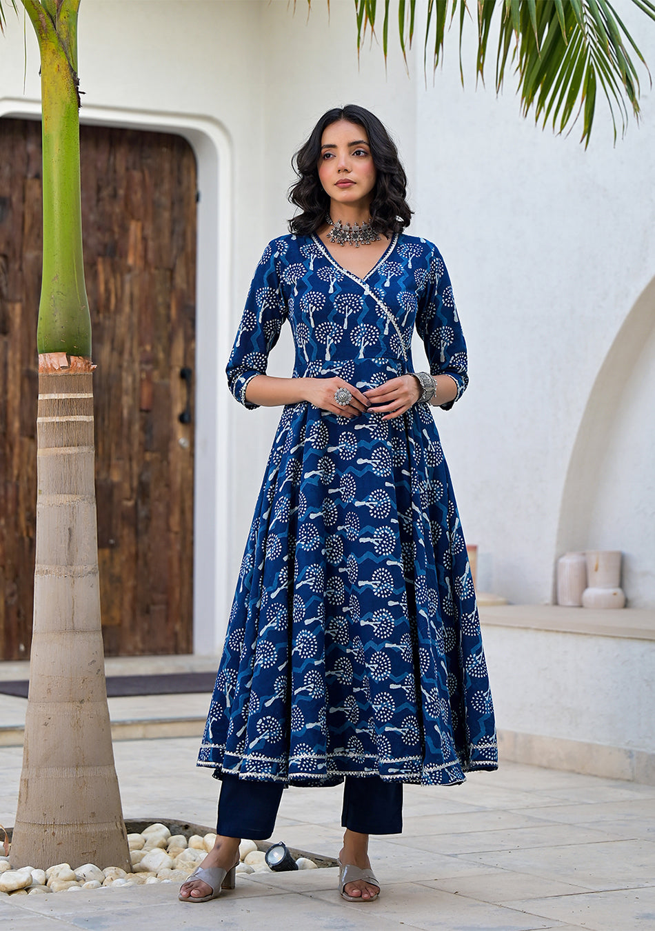 Indigo Blue HandBlock Print Cotton Anarkali Kurta Set with Organza Dupatta