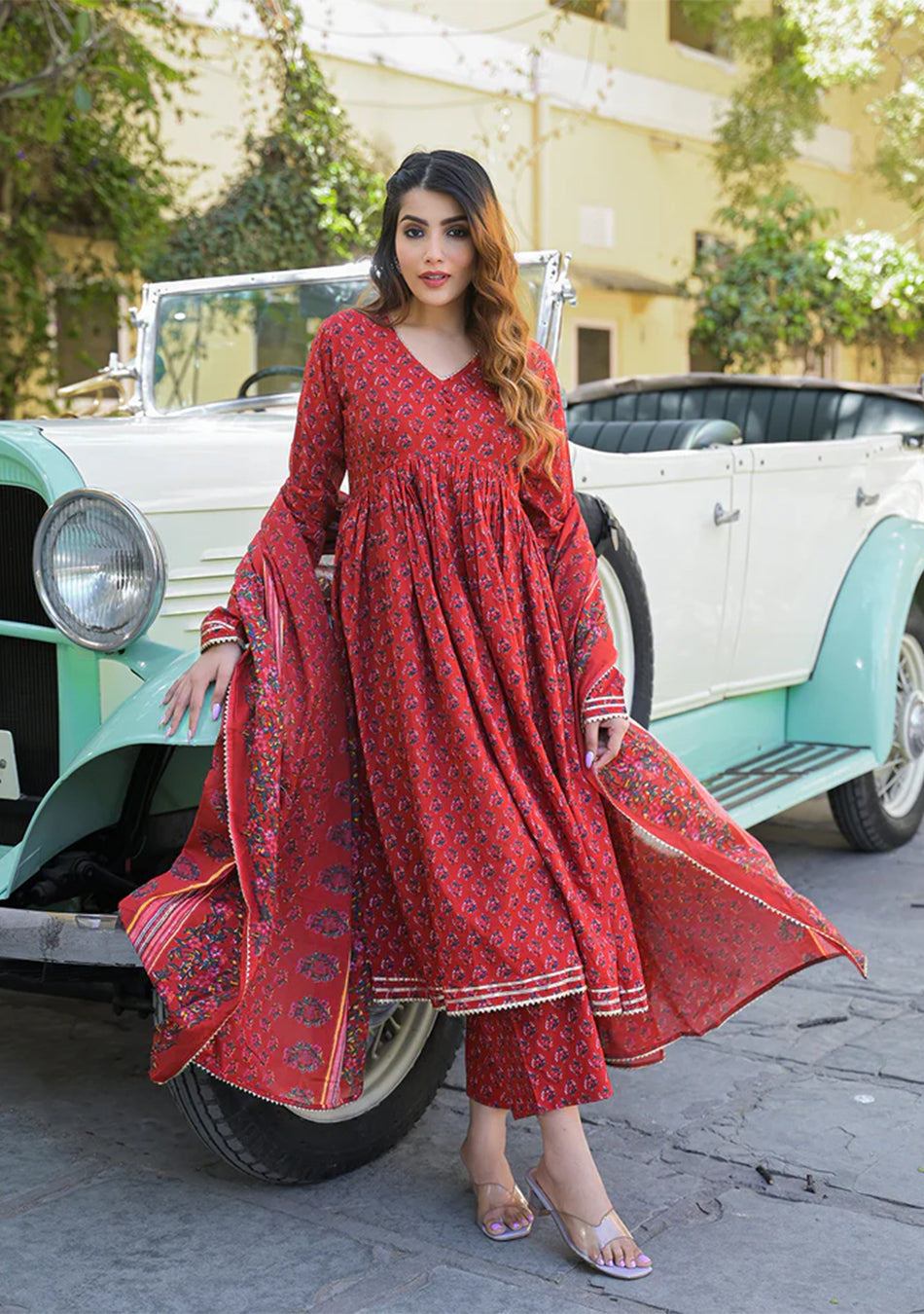 Red Floral Cotton Printed Anarkali Kurta Pant With Dupatta