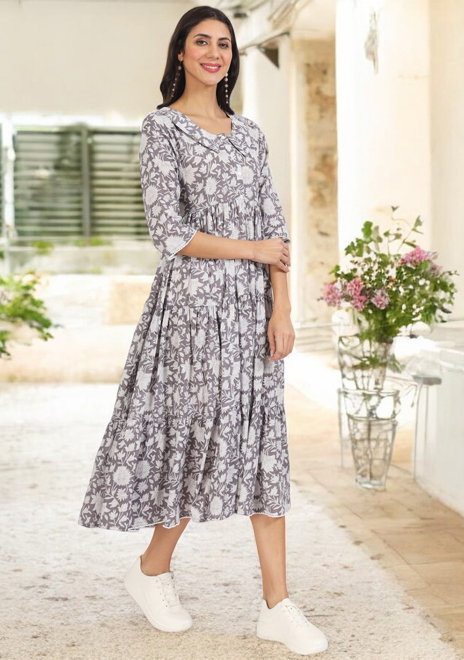 Grey Floral Printed Cotton Dress