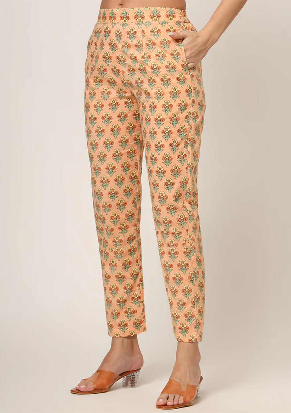 Peach Floral Print Cotton Straight fit Kurta Set