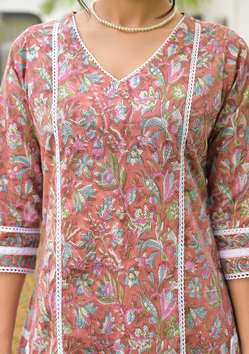 Maroon Floral Print Cotton Handblock Kurta Set for Women