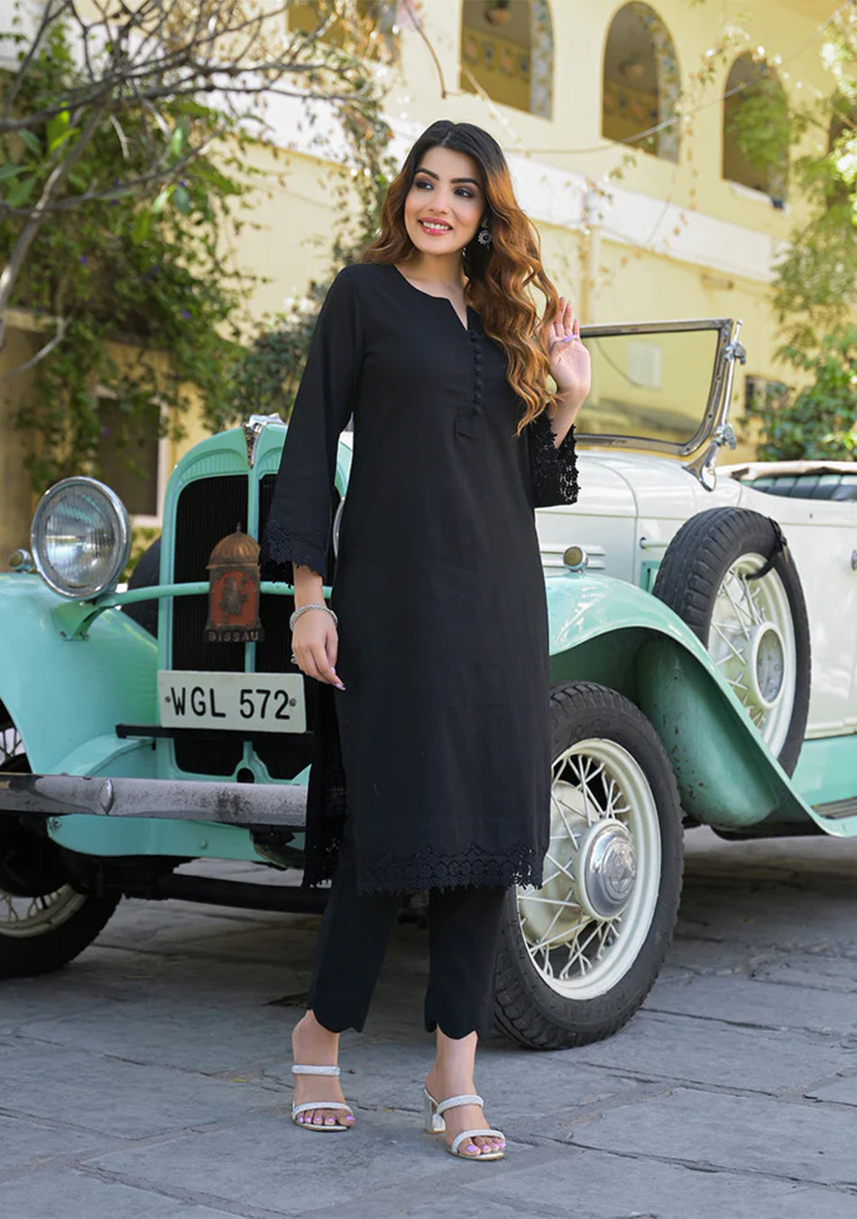 Black Solid Print Cotton Fabric Shirt Kurta with Trouser