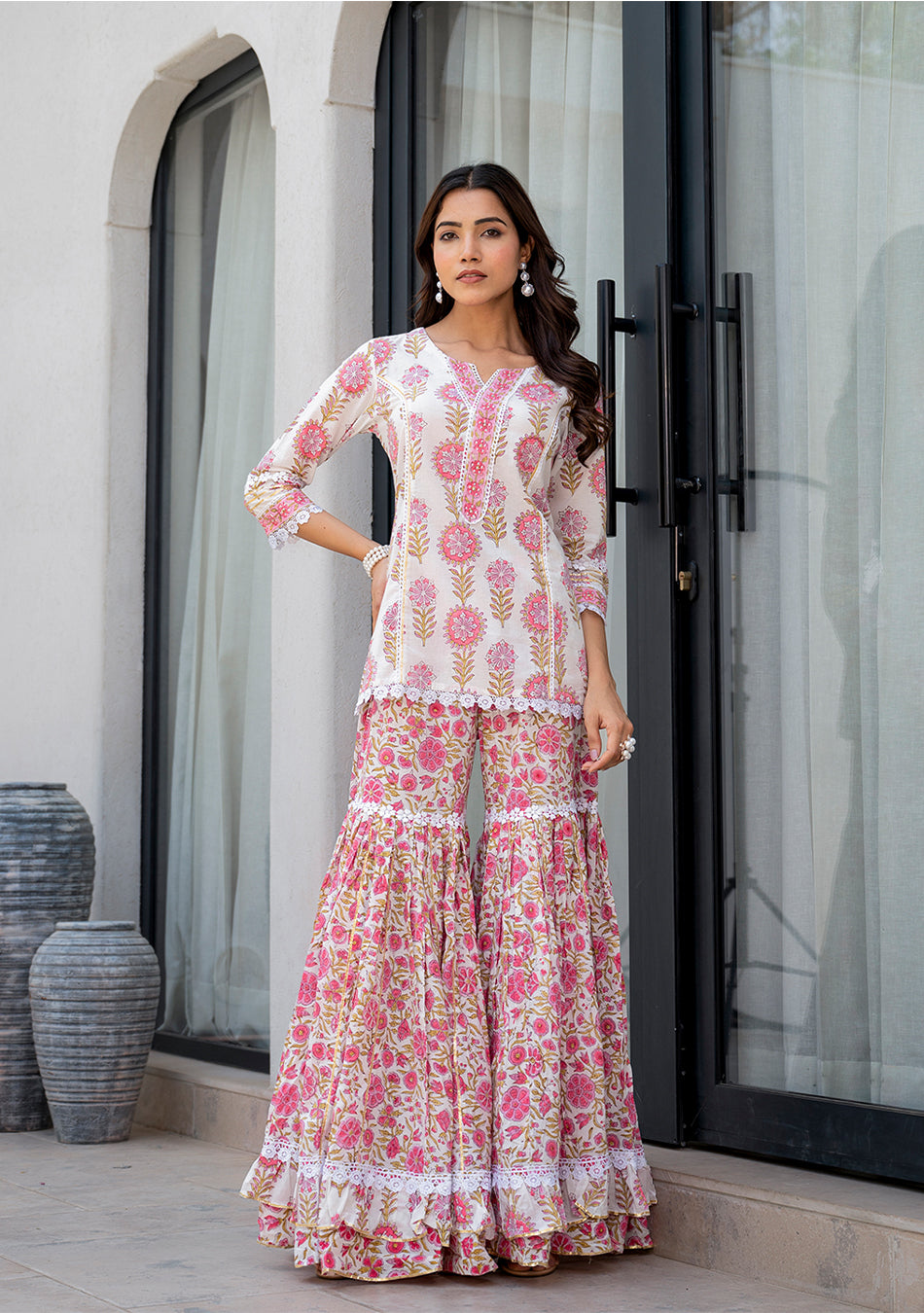 White Floral Print Pure Cotton Kurta Sharara Set for Women