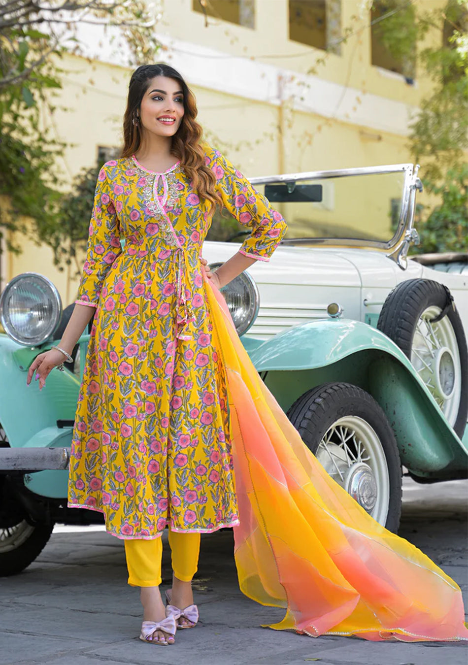 Yellow Floral Printed Muslin Kurta Pant with Dupatta