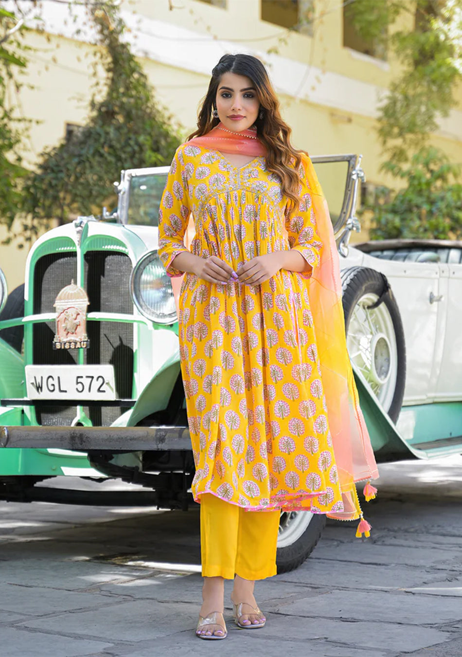 Yellow Floral Print Muslin Fabric A-Line Kurta Pant With Dupatta