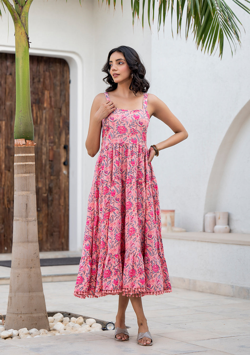 Pink Floral Printed Shoulder Strip Dress