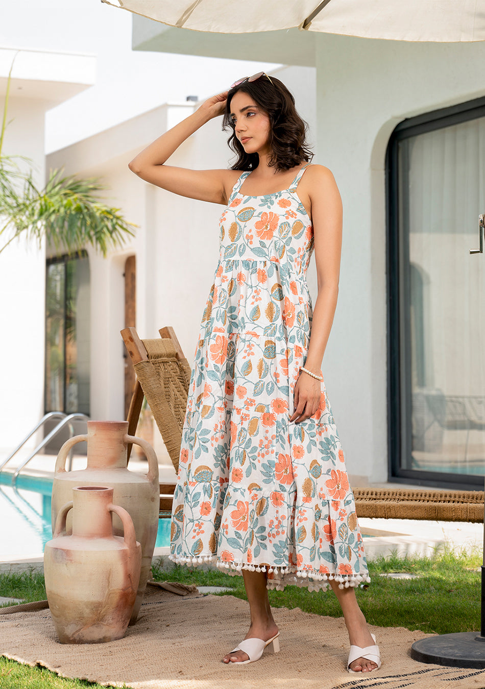 White Floral Printed Shoulder Strip Calf Long Dress