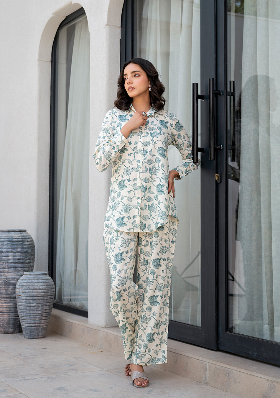 White & Green Floral Printed Rayon Co-ord Set