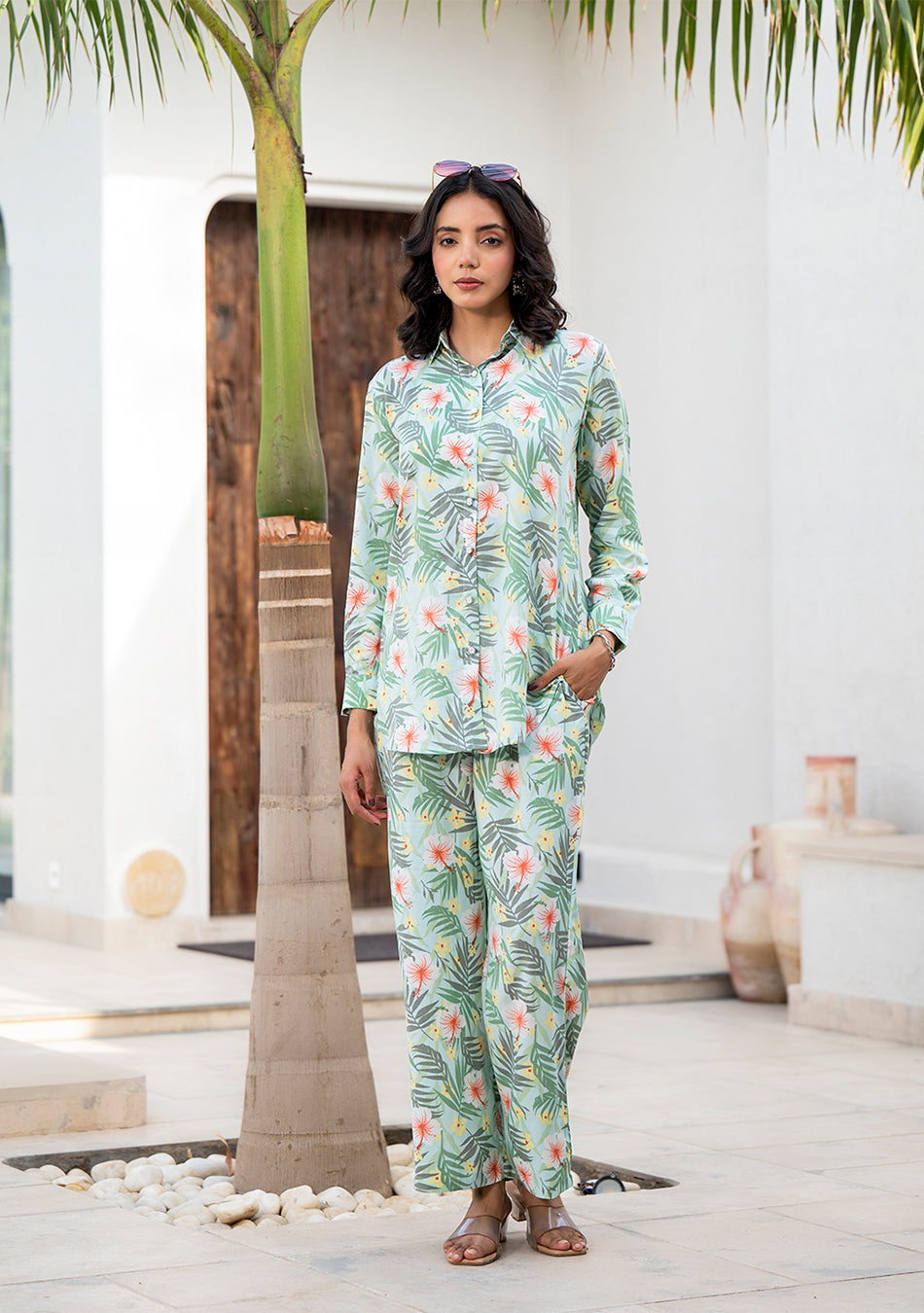 Sky Blue Floral Printed Rayon Co-ord Set