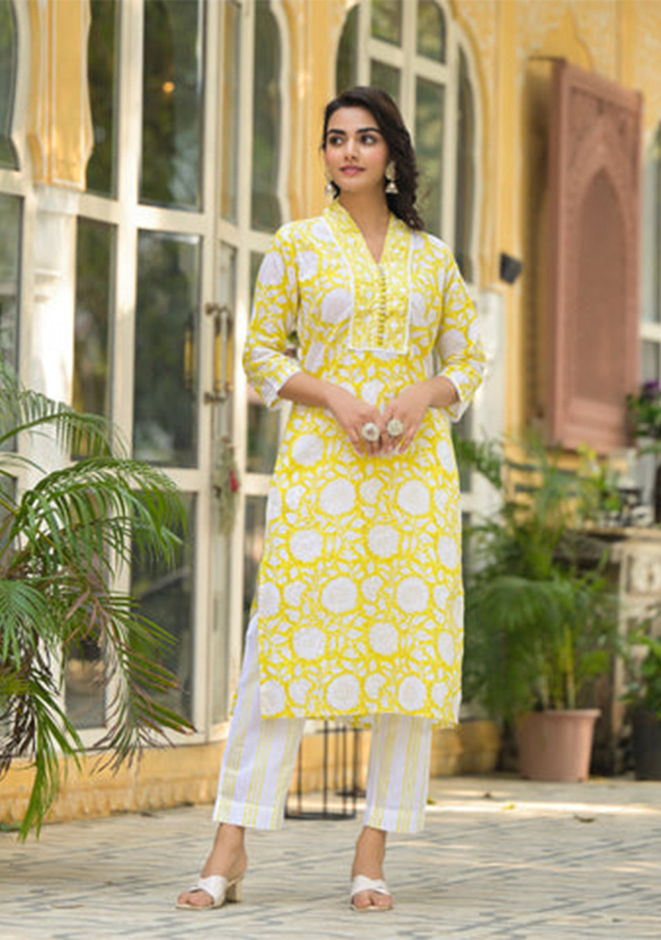 Yellow Hand Block Print Pure Cotton Straight Kurta Set