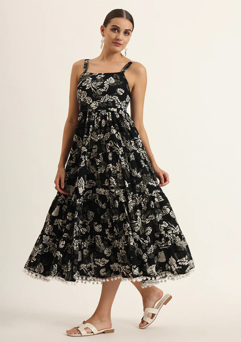 Black Floral Print Pure Cotton Fit & Flare Dress