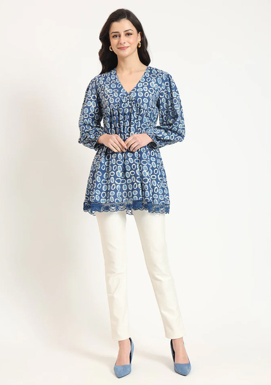 Blue Cotton V-Neck Top