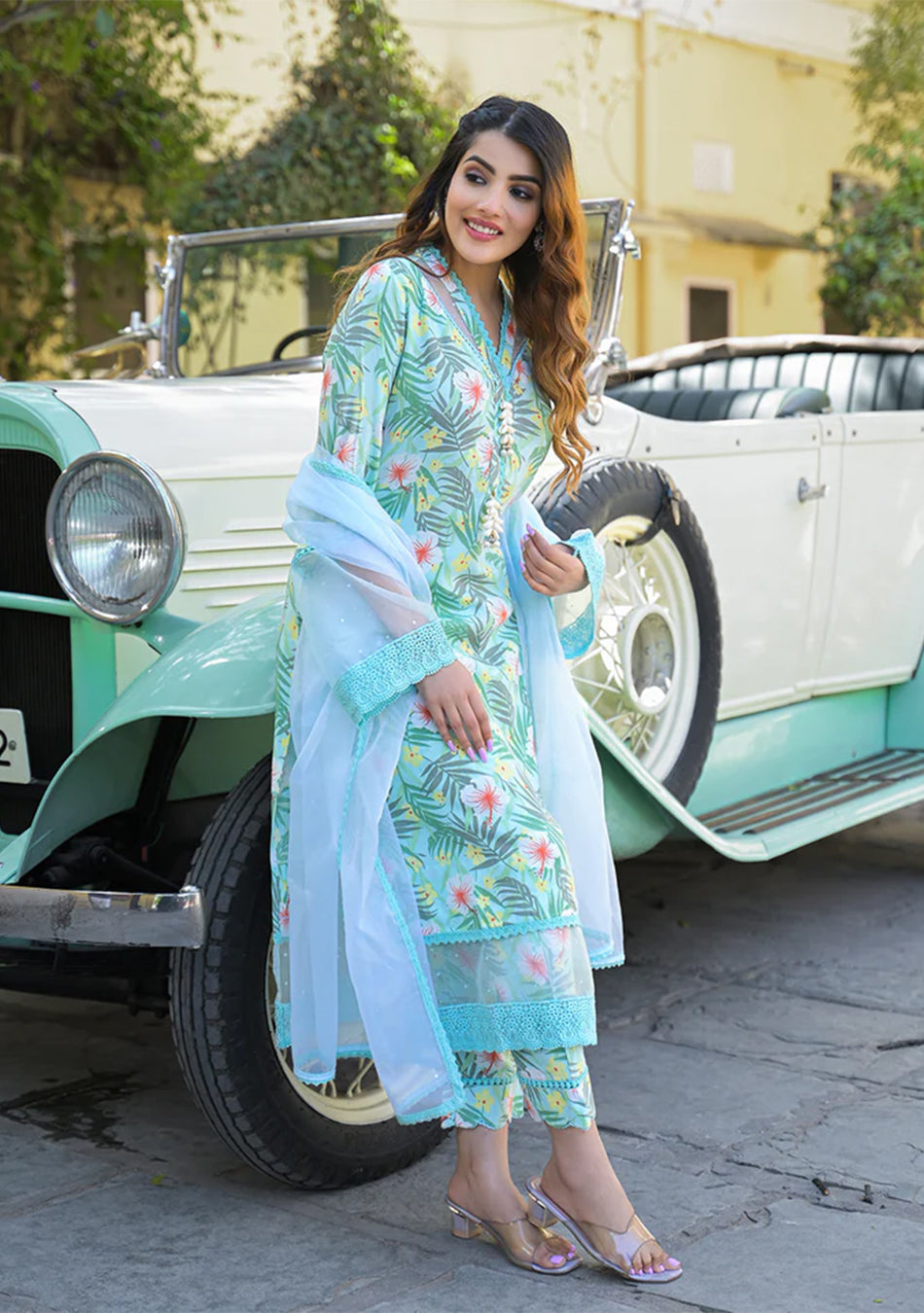Seagreen Floral Printed Rayon Kurta Pant Set With Dupatta