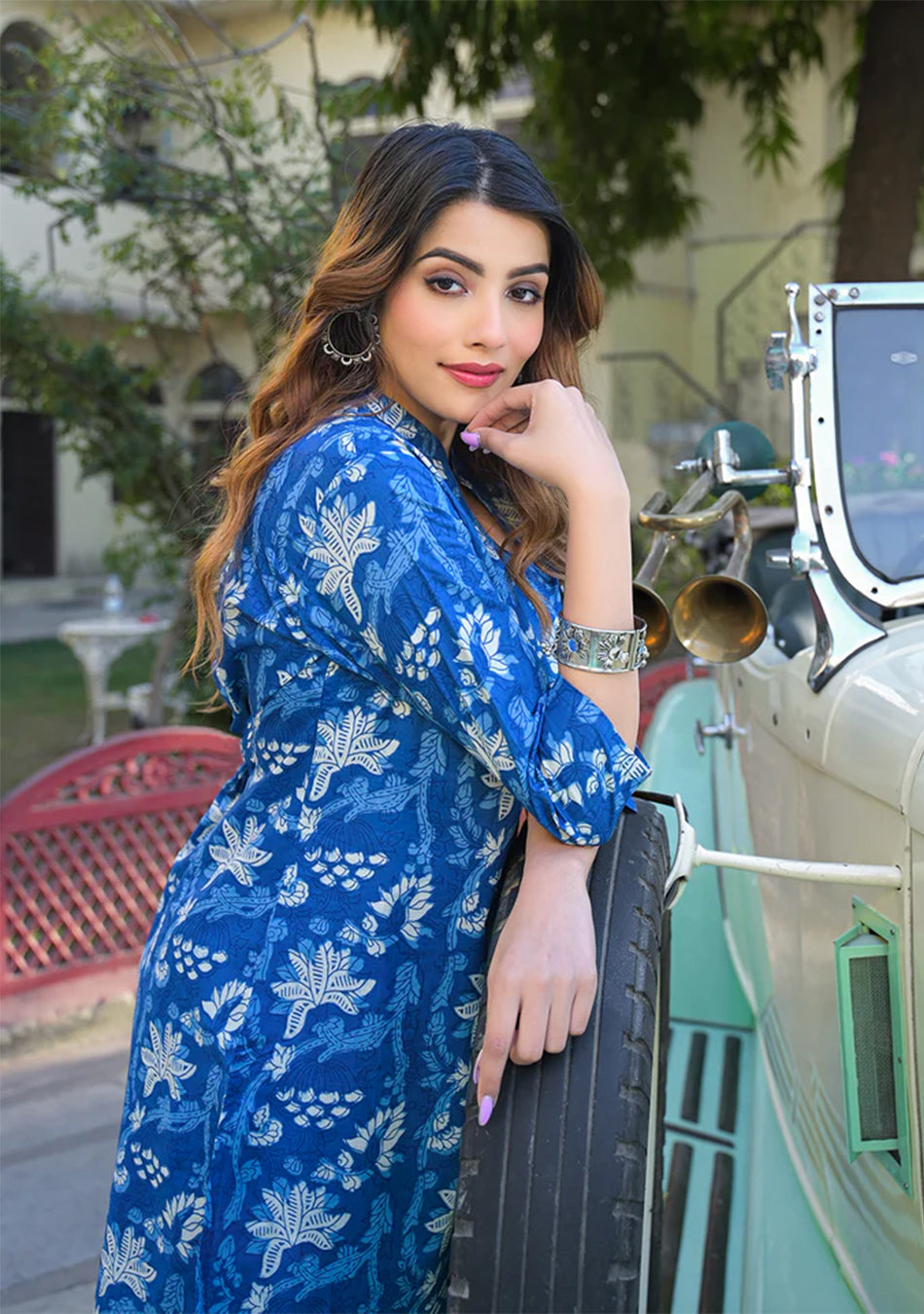 Blue Floral Print Cotton Fabric Kurta with Pant