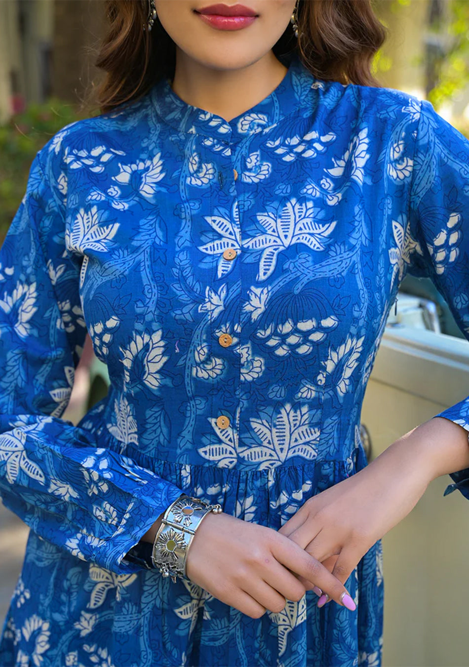 Blue Floral Print Cotton Fabric Flared Dress