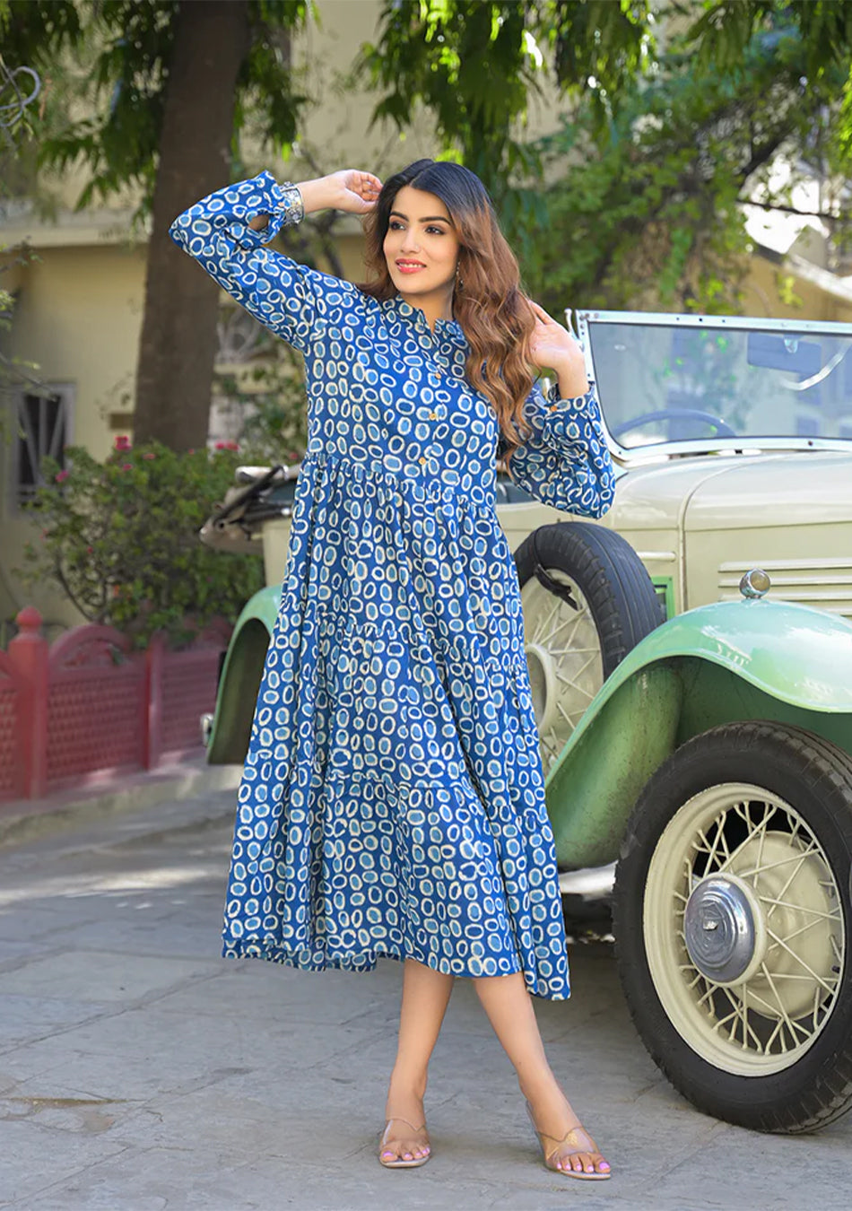 Blue Floral Print Cotton Fabric Fit Flared Dress