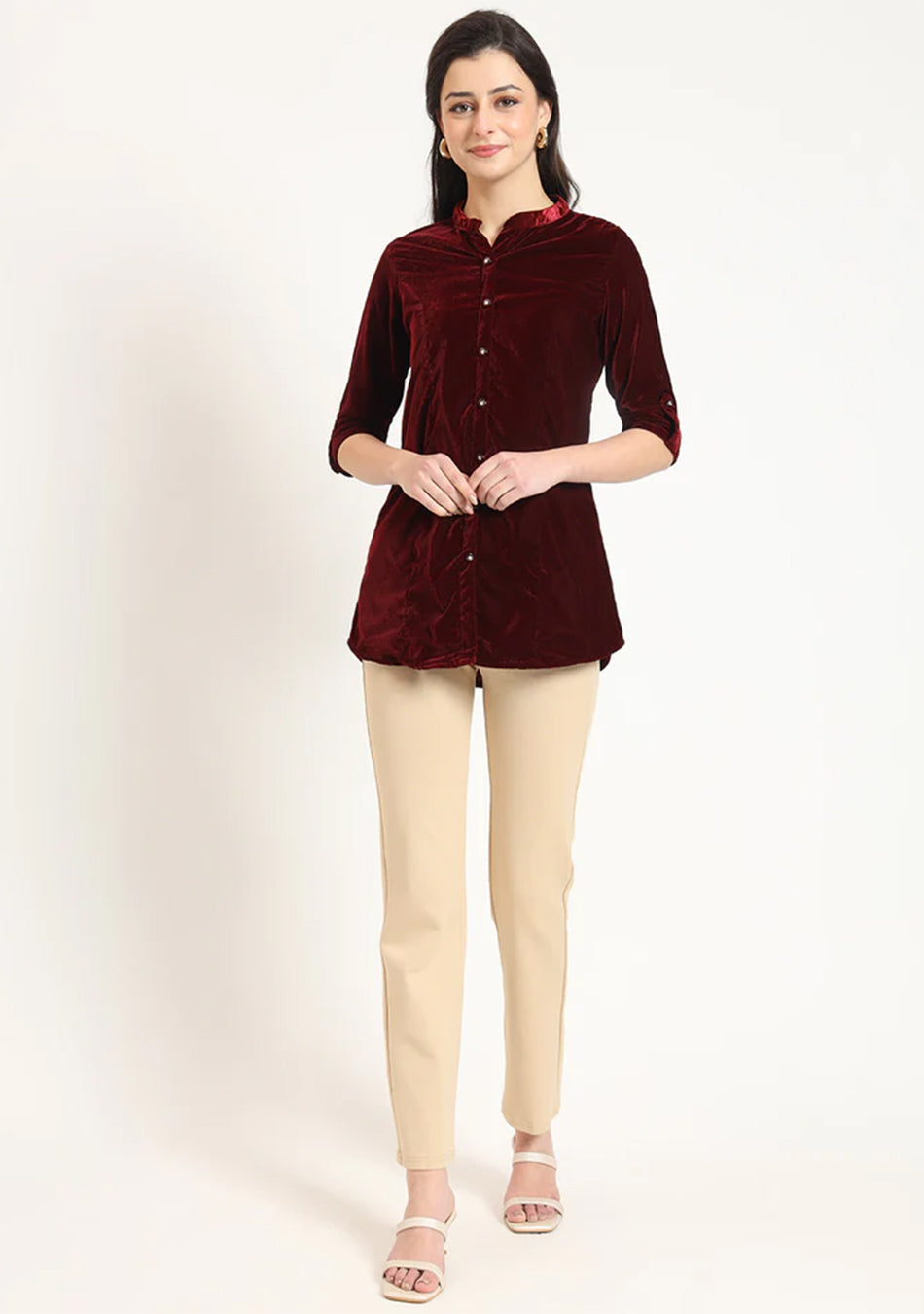 Maroon Solid Print Velvet Straight Top
