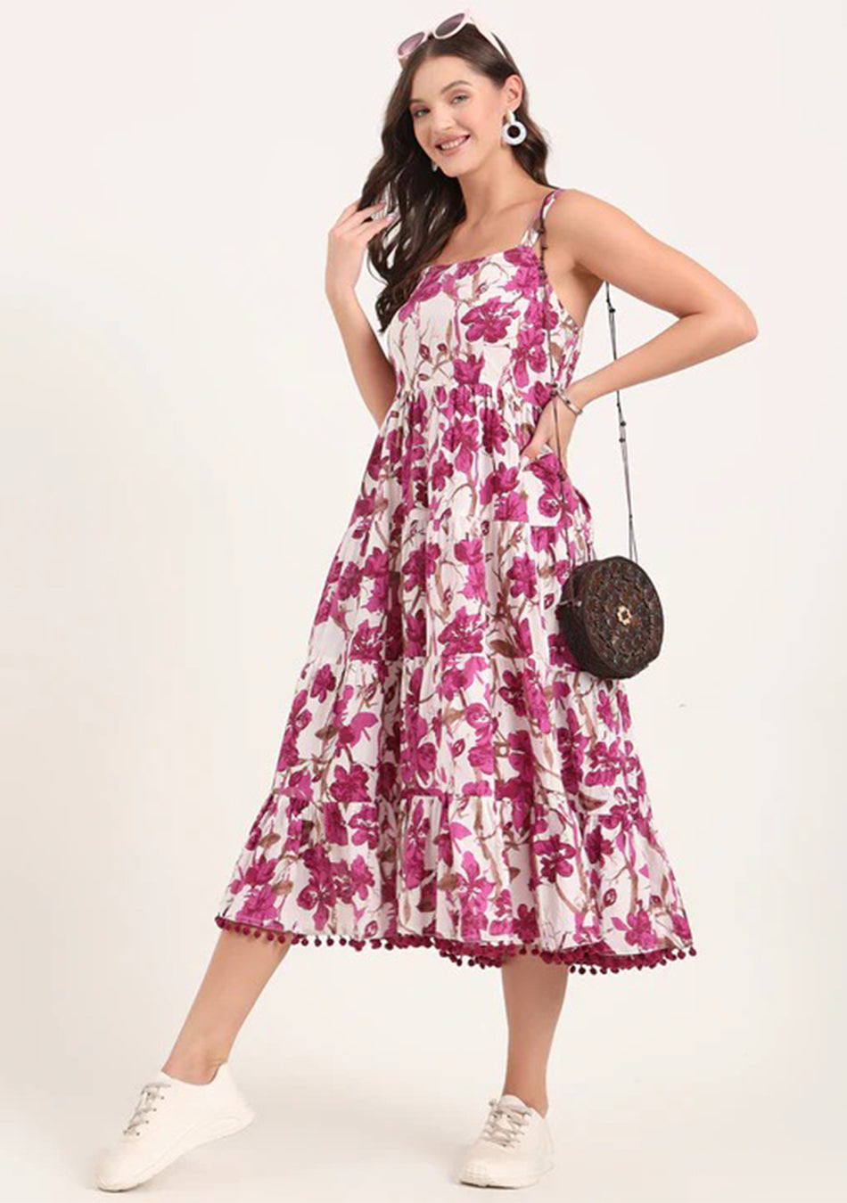 Purple Printed Cotton Shoulder Strap Pompom Dress