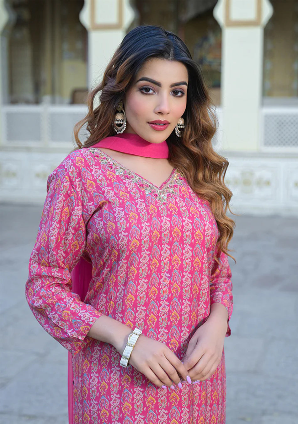 Pink Floral Printed Muslin Straight Kurta Pant with Dupatta