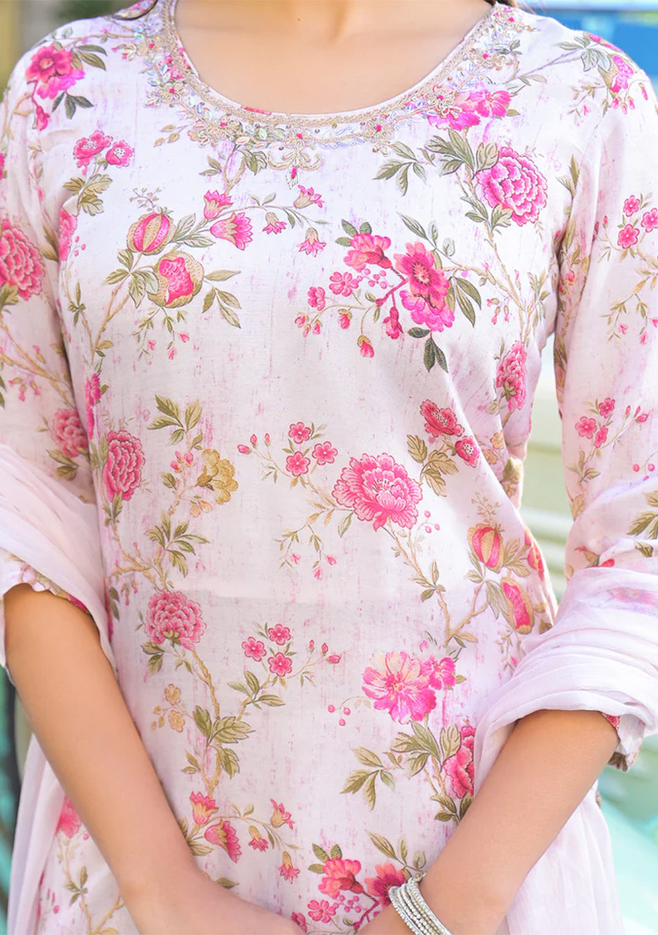Light Pink Floral Printed Muslin Straight Kurta Pant with Dupatta