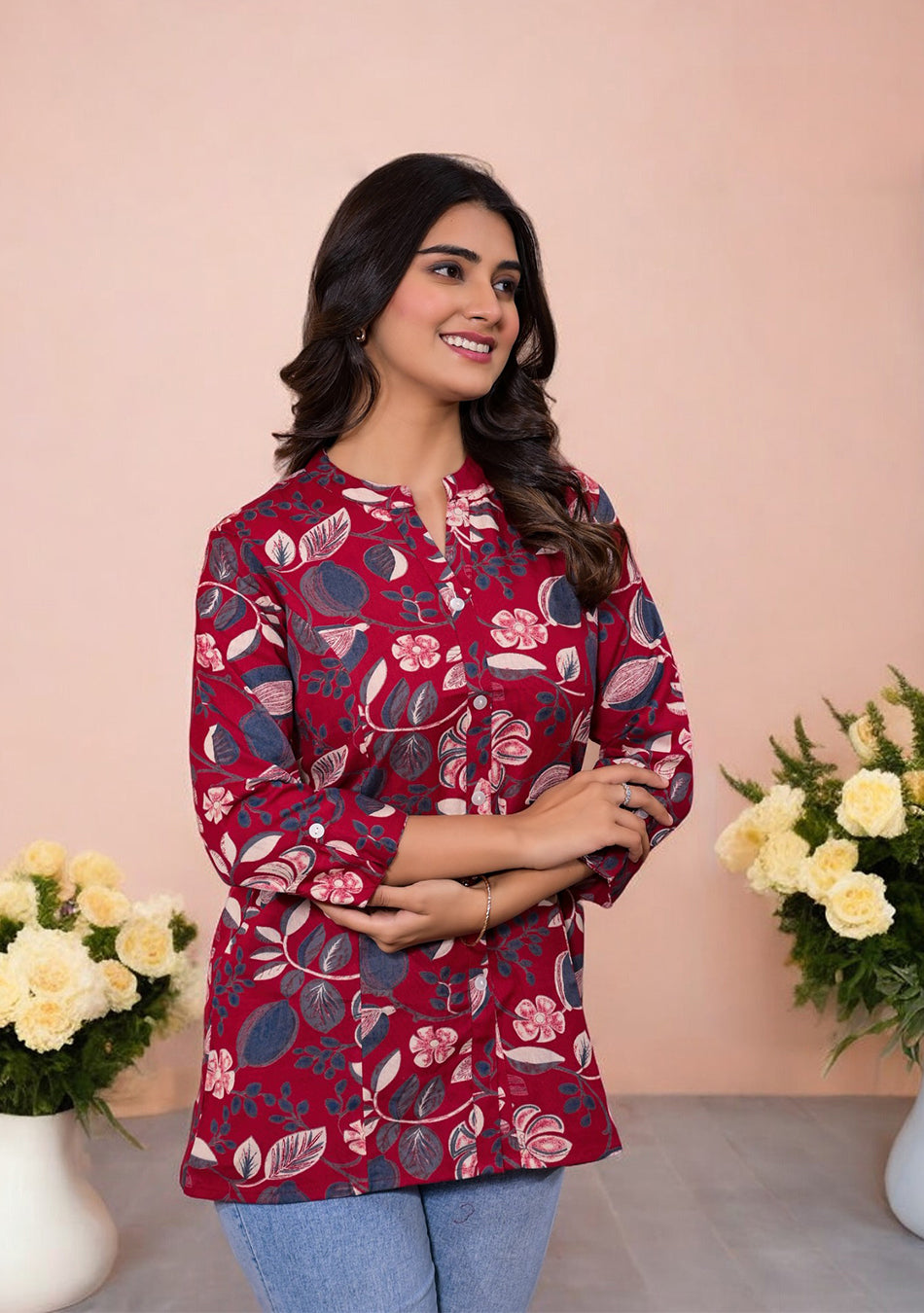 Crimson Blooms Casual Top