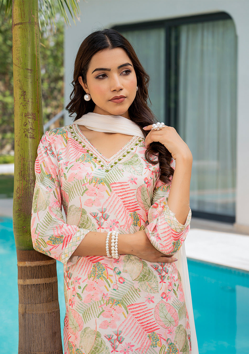 Cream Embroidered & Floral Print Muslin Kurta Set