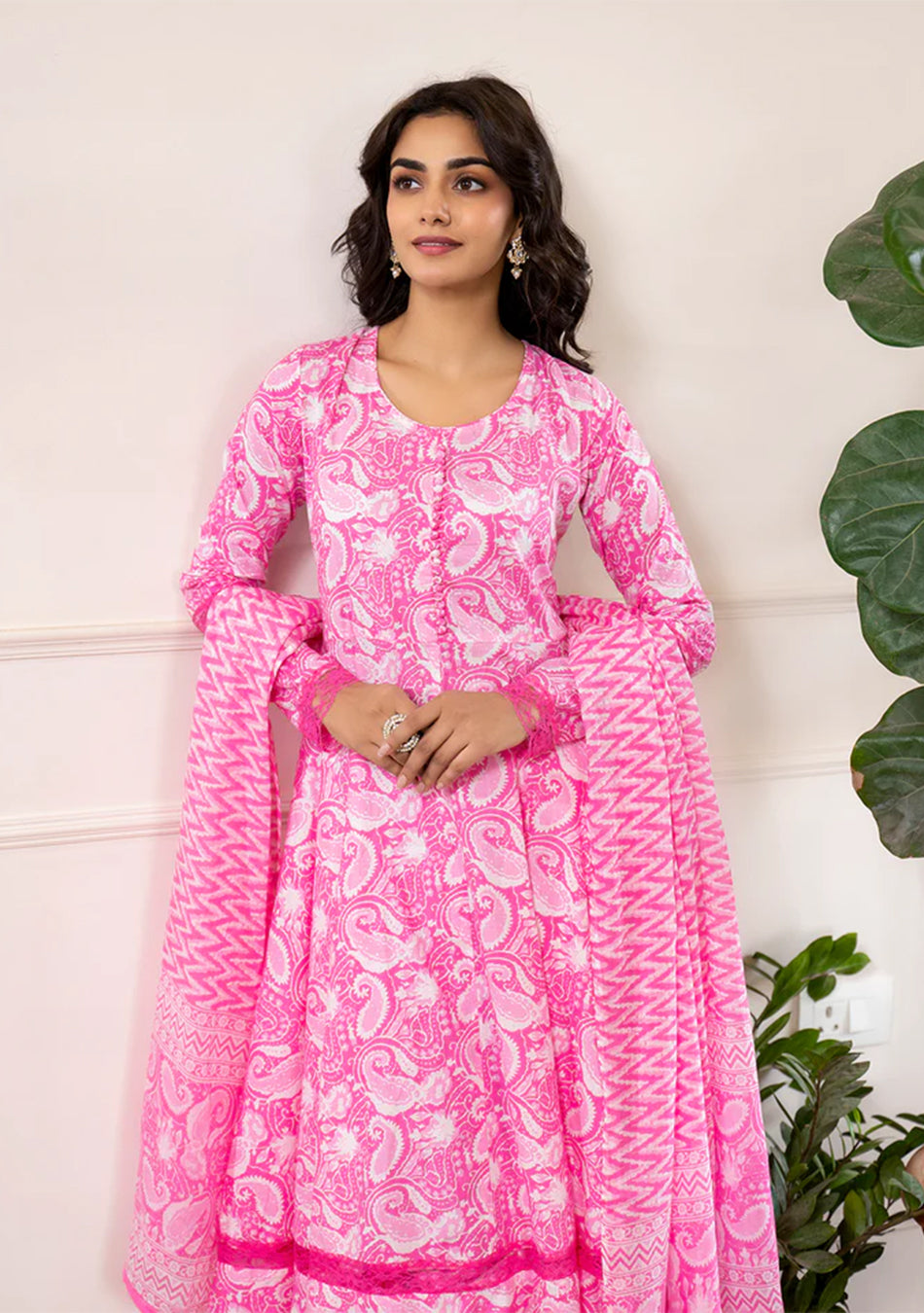 Pink Floral Print Cotton Anarkali Kurta Trouser with Dupatta Set