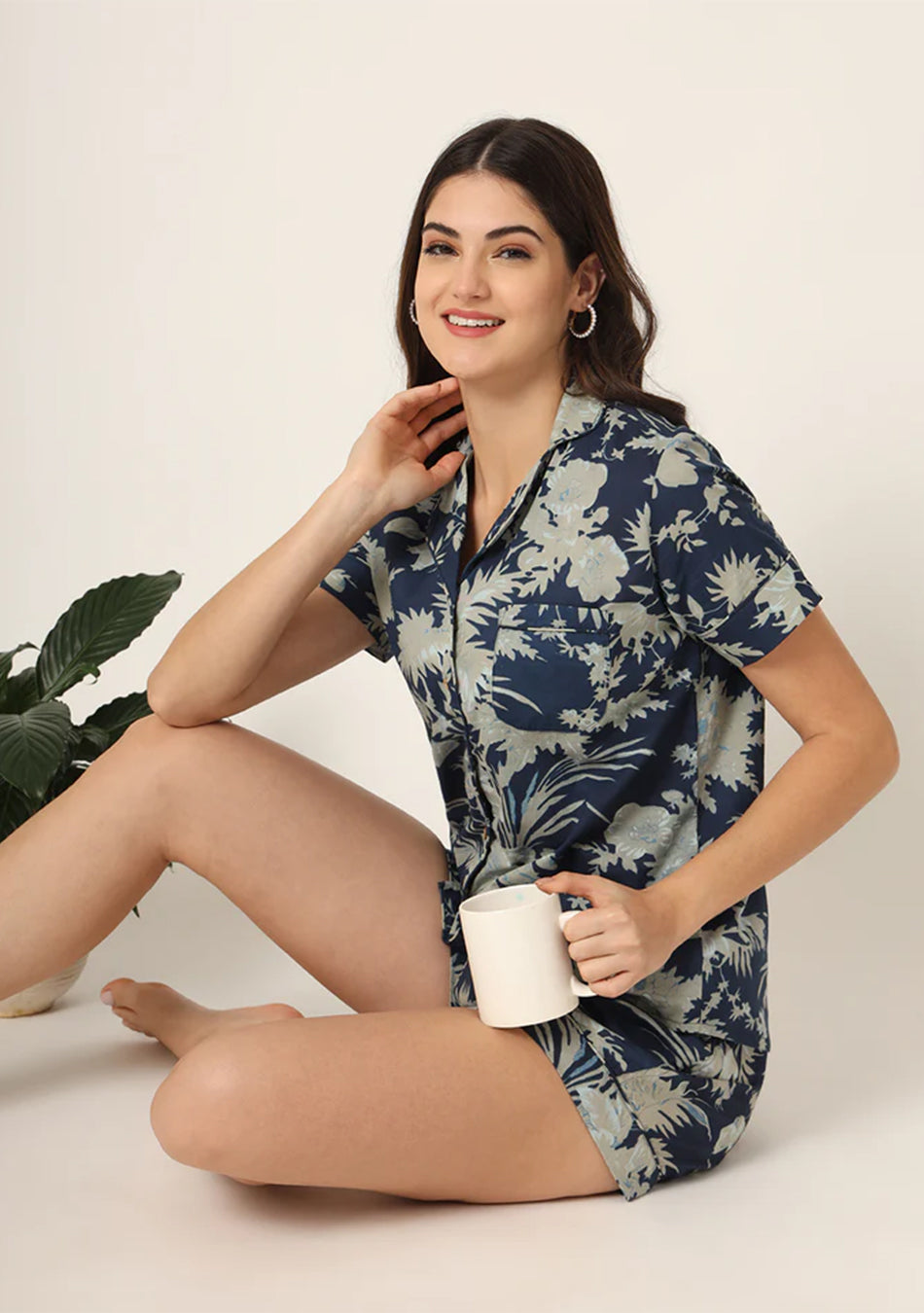 Navy Blue Printed Pure Cotton Regular Night Suit