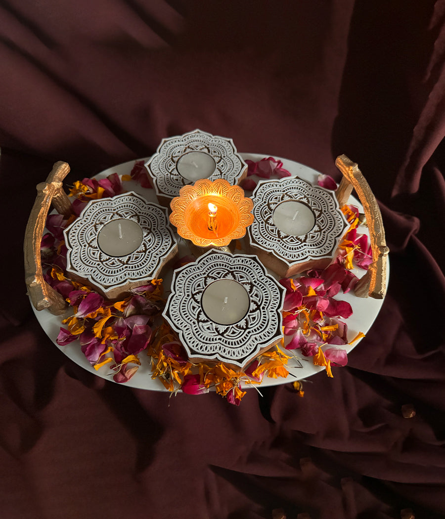 Handcrafted Flower Shape Wooden Diya - Set of 4