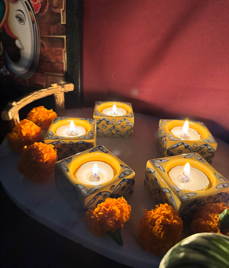 Blue Pottery Square Diyas - Set of 6