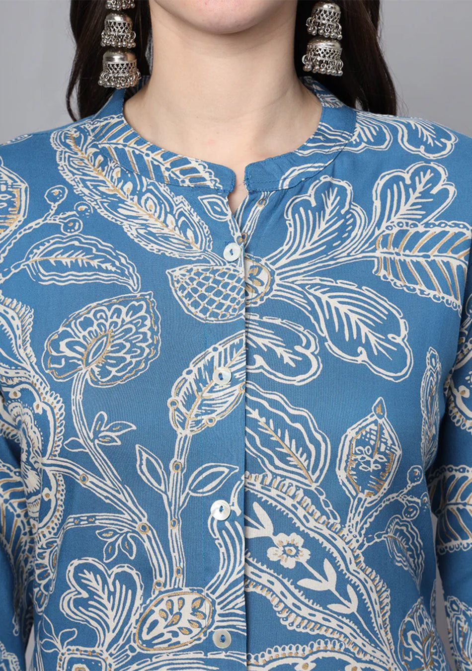 Blue Rayon Printed-A-Line Kurta