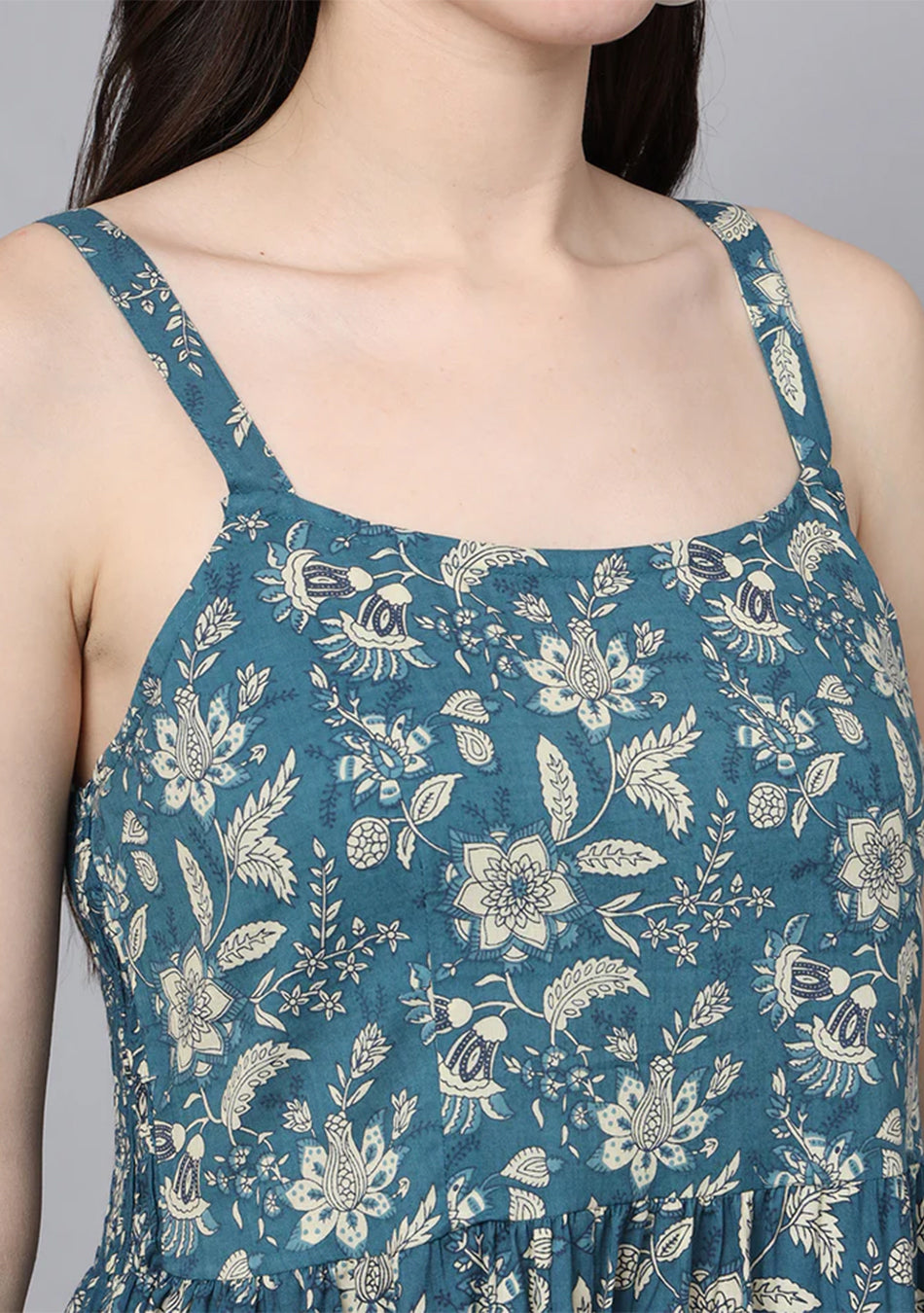 Floral Printed Shoulder Straps Cotton Flared Dress
