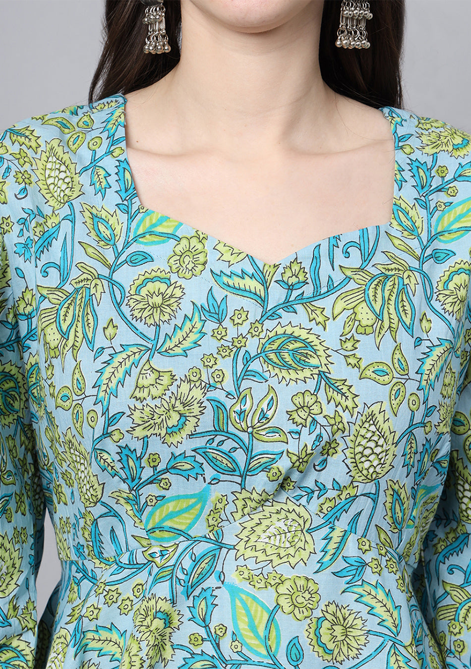 Floral Printed Sky Blue Cotton Anarkali Kurta Pant Dupatta Set