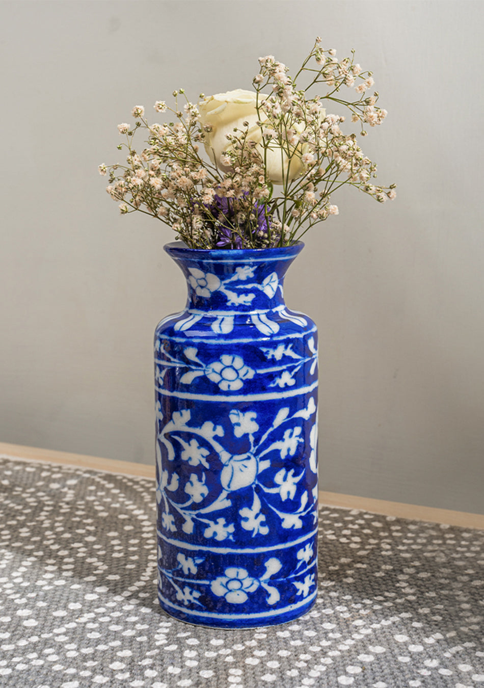 Blue Pottery White Floral Can Vase
