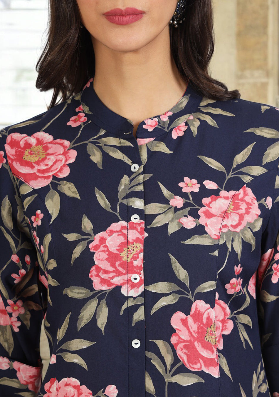 Navy Blue Floral Printed Rayon Top