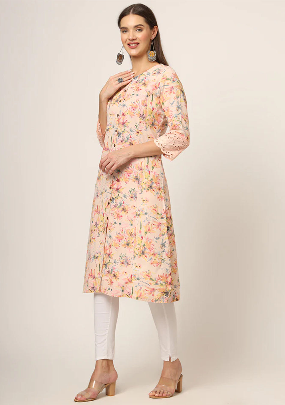 Pink Floral Printed Cotton A-Line Fold Sleeve Kurta