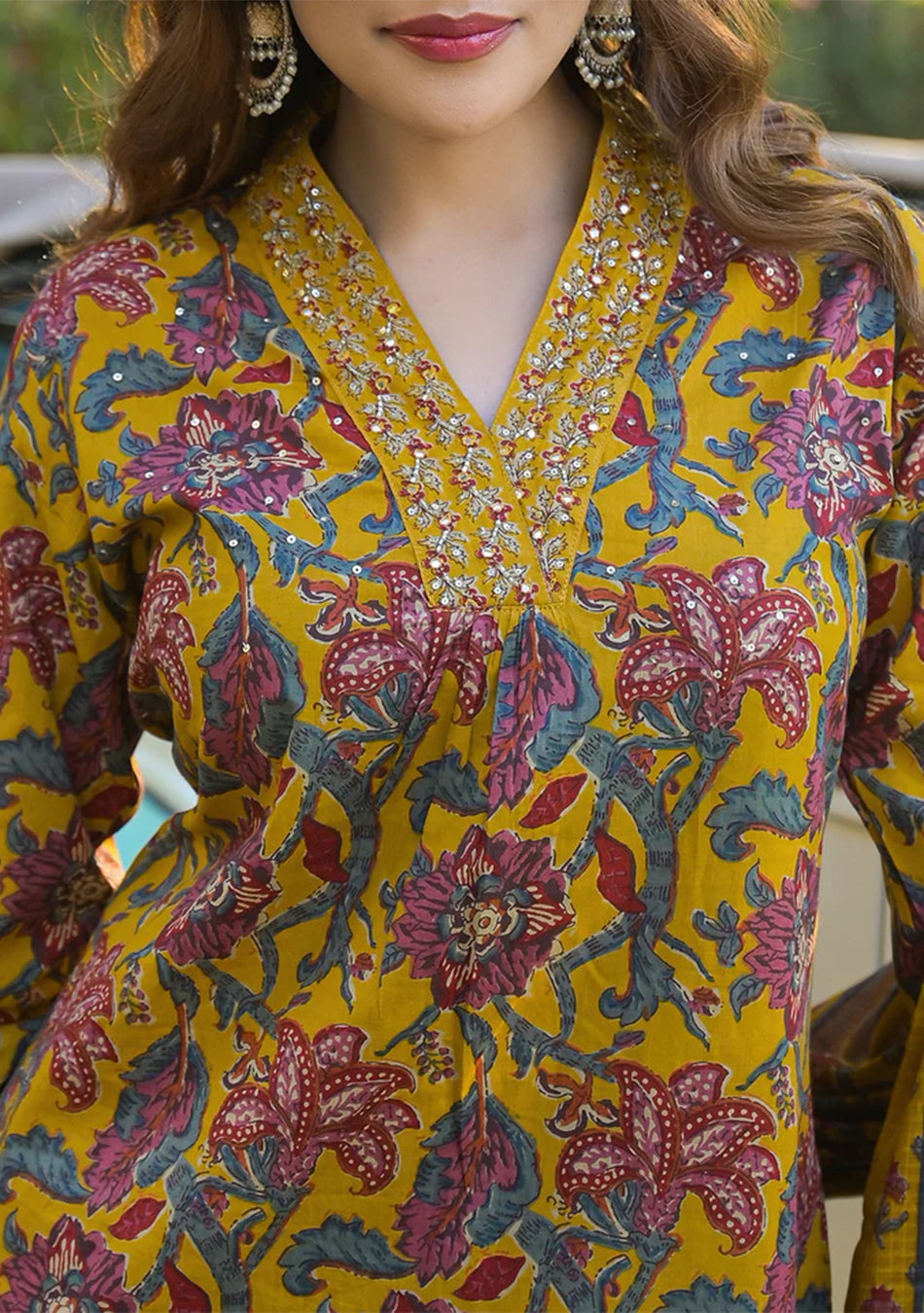 Yellow Floral Print Cotton Fabric A-Line Kurta Pant With Dupatta