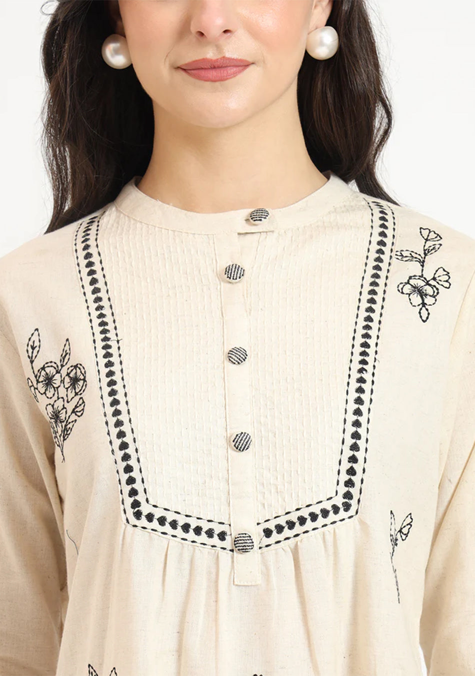 Off White Cotton Round Neck Embroidery Top