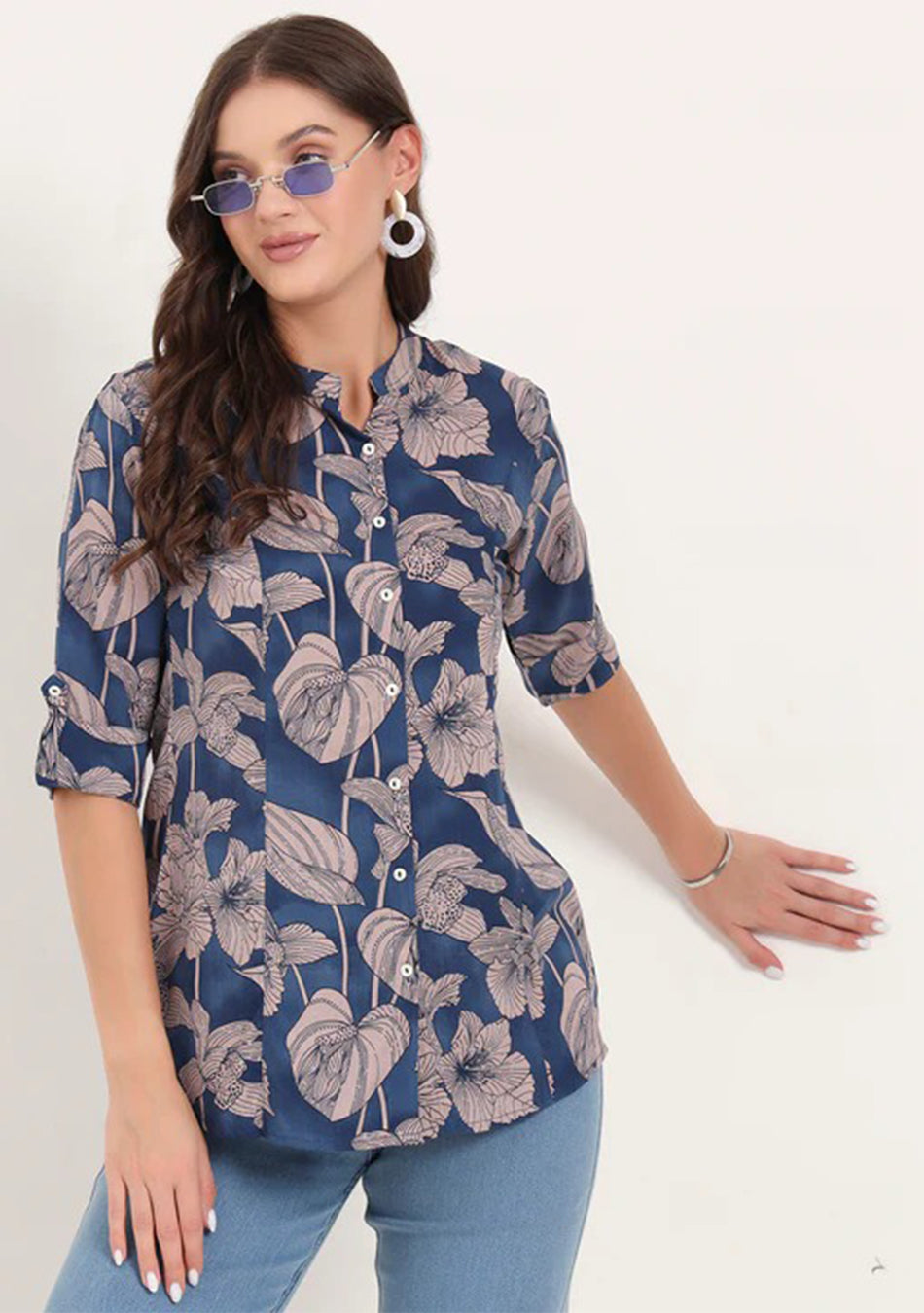 Navy Blue Rayon Rollup Sleeves A-Line Top