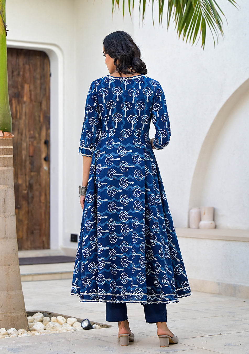Indigo Blue HandBlock Print Cotton Anarkali Kurta Set with Organza Dupatta