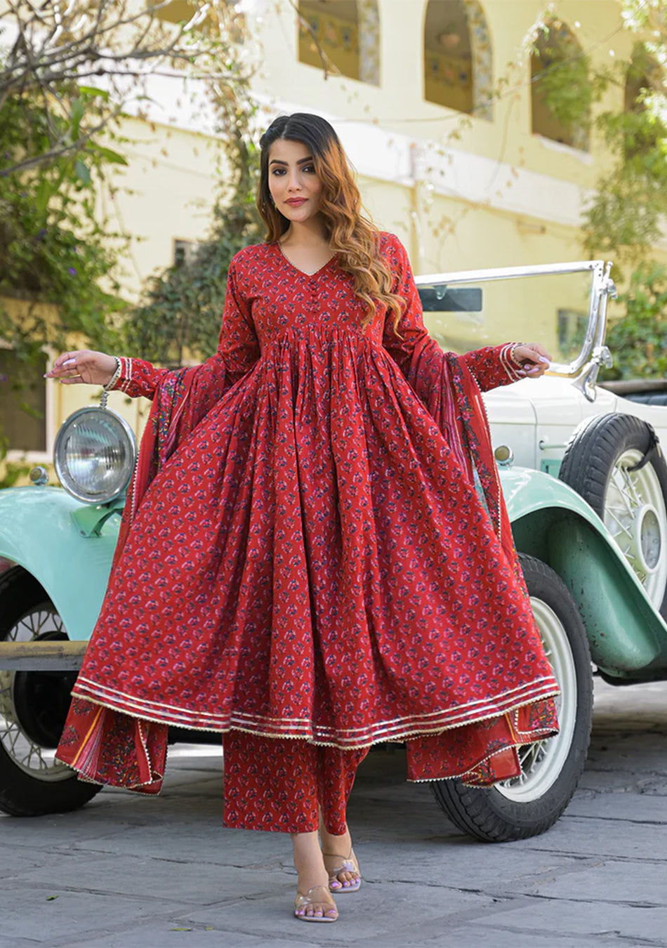 Red Floral Cotton Printed Anarkali Kurta Pant With Dupatta