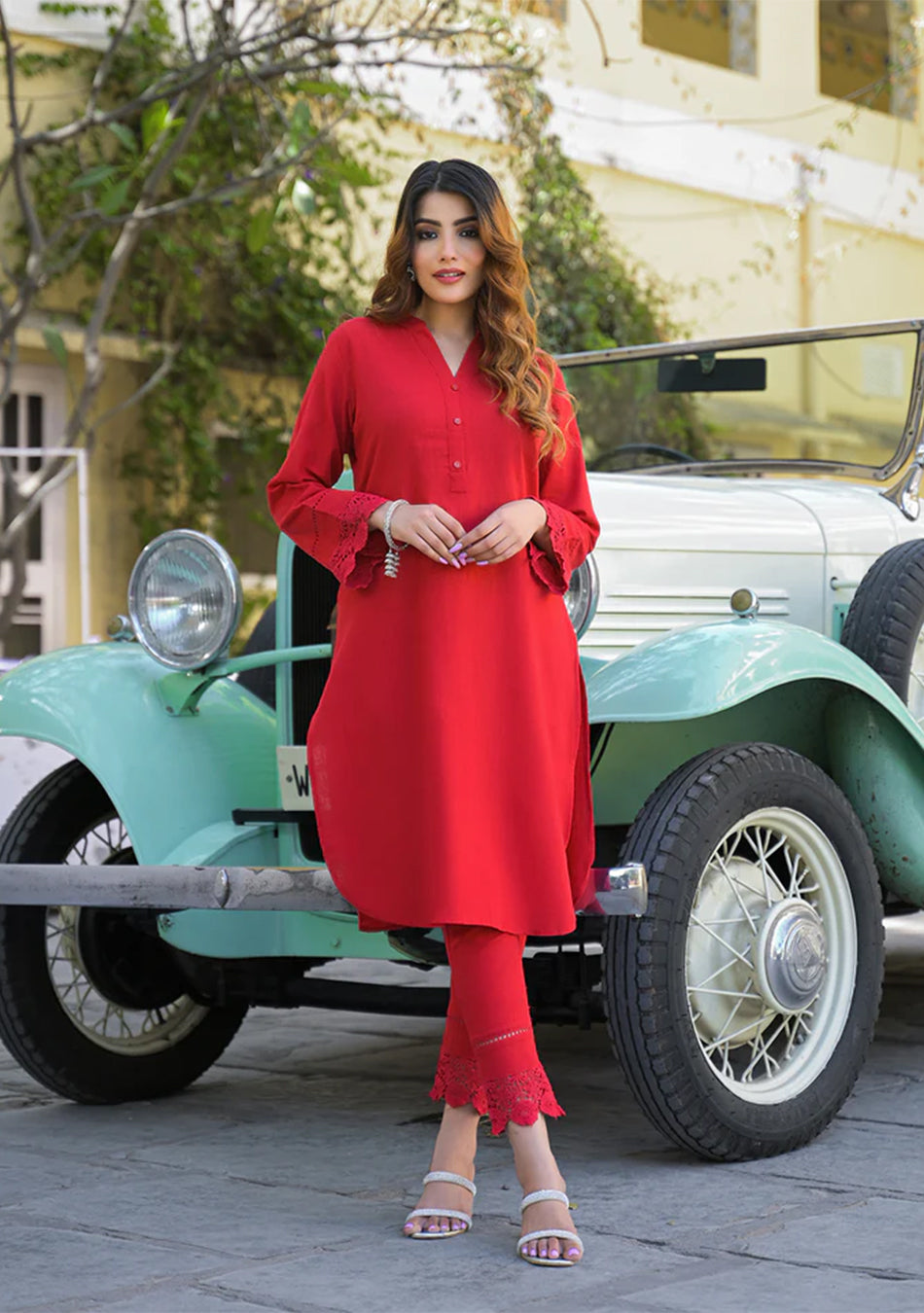 Red Solid Print Cotton Fabric Shirt Kurta with Trouser