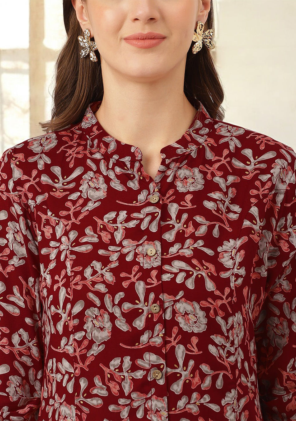 Maroon Floral Print Rayon Regular Top