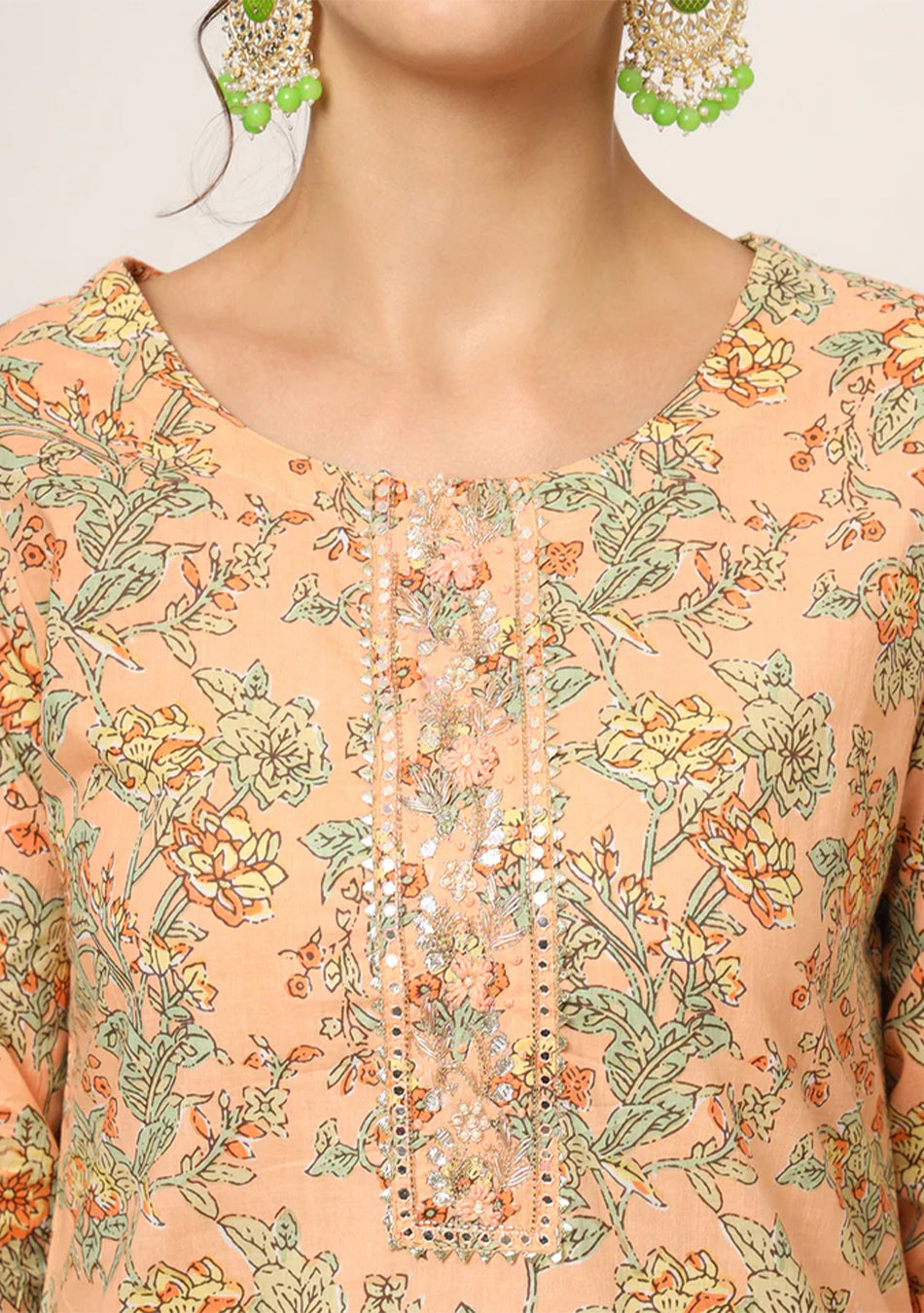 Peach Floral Print Cotton Straight fit Kurta Set