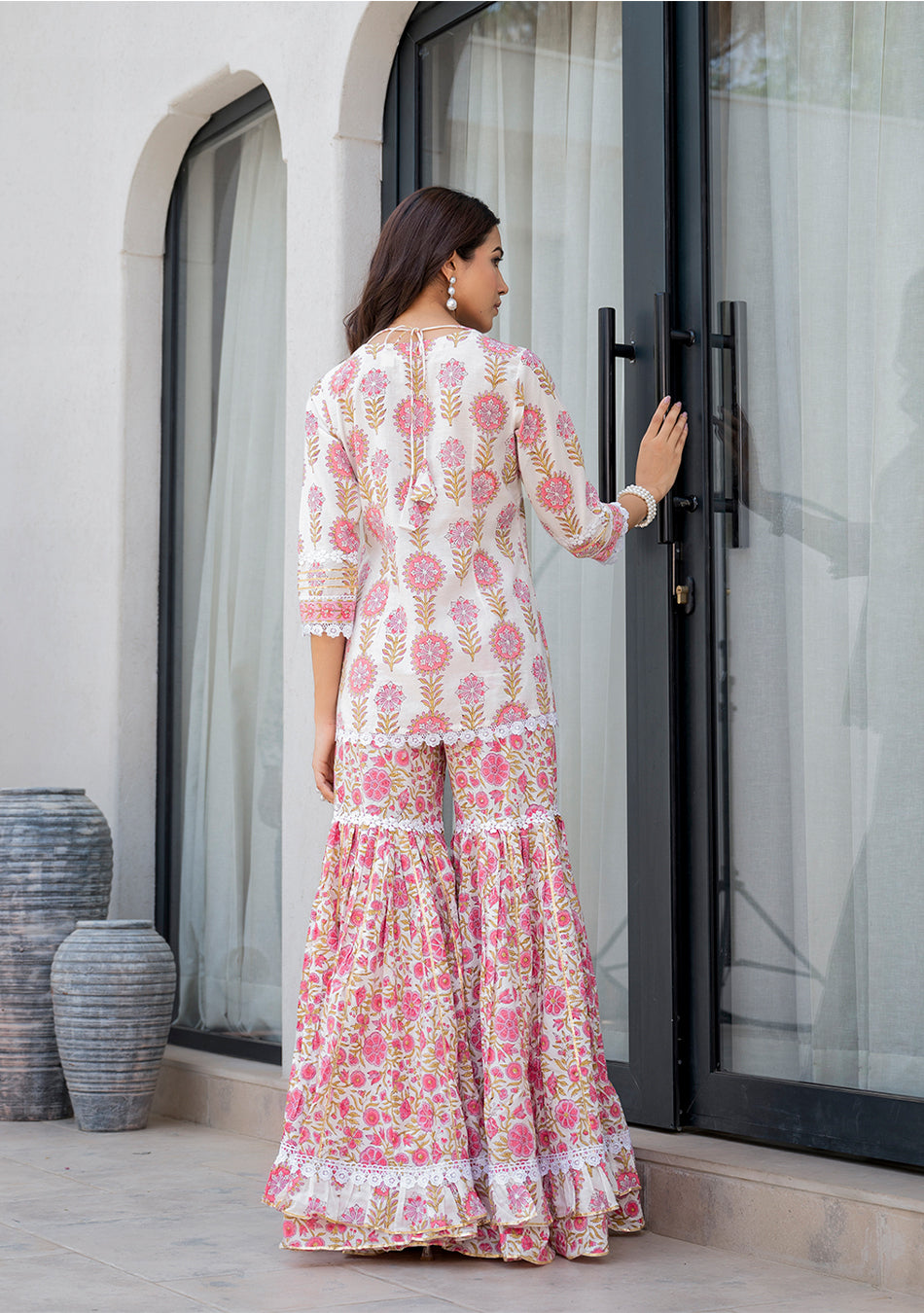 White Floral Print Pure Cotton Kurta Sharara Set for Women